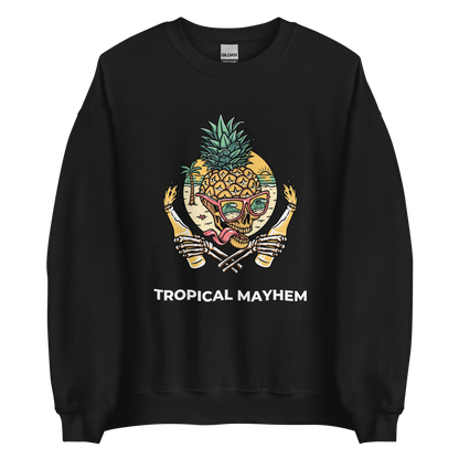 Black Tropical Mayhem Sweatshirt featuring a Crazy Pineapple Skull graphic on the chest - Funny Graphic Pineapple Sweatshirts - Boozy Fox
