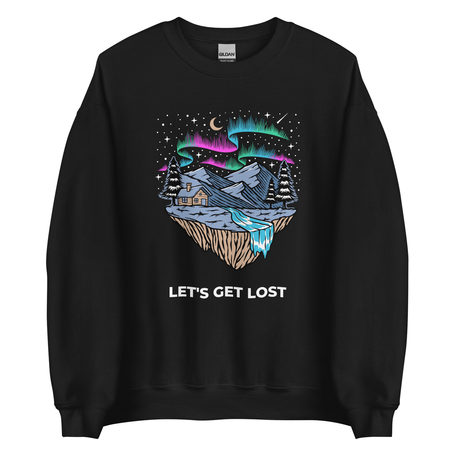 Black Let's Get Lost Sweatshirt featuring a mesmerizing night sky, adorned with stars and aurora borealis graphic on the chest - Cool Graphic Northern Lights Sweatshirts - Boozy Fox