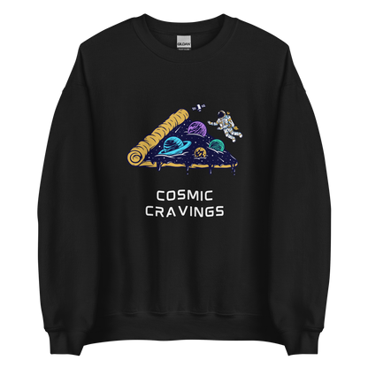 Black Cosmic Cravings Sweatshirt featuring an Astronaut Exploring a Pizza Universe graphic on the chest - Funny Graphic Space Sweatshirts - Boozy Fox