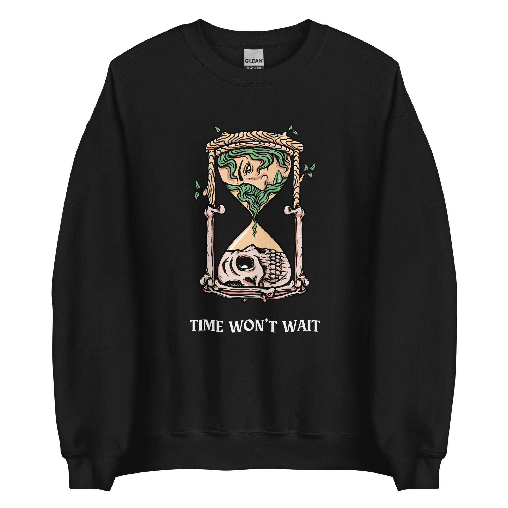 Black Hourglass Sweatshirt featuring a captivating Time Won't Wait graphic on the chest - Cool Graphic Hourglass Sweatshirts - Boozy Fox