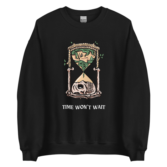 Black Hourglass Sweatshirt featuring a captivating Time Won't Wait graphic on the chest - Cool Graphic Hourglass Sweatshirts - Boozy Fox