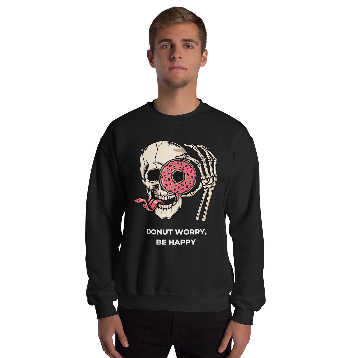 Man wearing a Black Donut Worry Be Happy Sweatshirt - Boozy Fox