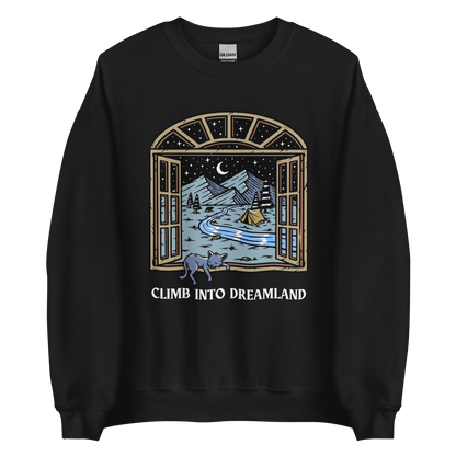 Black Climb Into Dreamland Sweatshirt featuring a mesmerizing mountain view graphic on the chest - Cool Graphic Nature Sweatshirts - Boozy Fox
