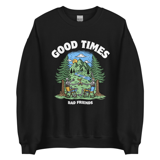 Black Good Times Bad Friends Sweatshirt featuring a lively graphic of friends enjoying a beer in nature - Funny Graphic Nature Sweatshirts - Boozy Fox
