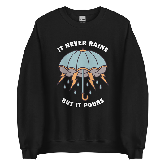 Black Umbrella Sweatshirt featuring a unique It Never Rains But It Pours graphic on the chest - Cool Tattoo-Inspired Graphic Umbrella Sweatshirts - Boozy Fox