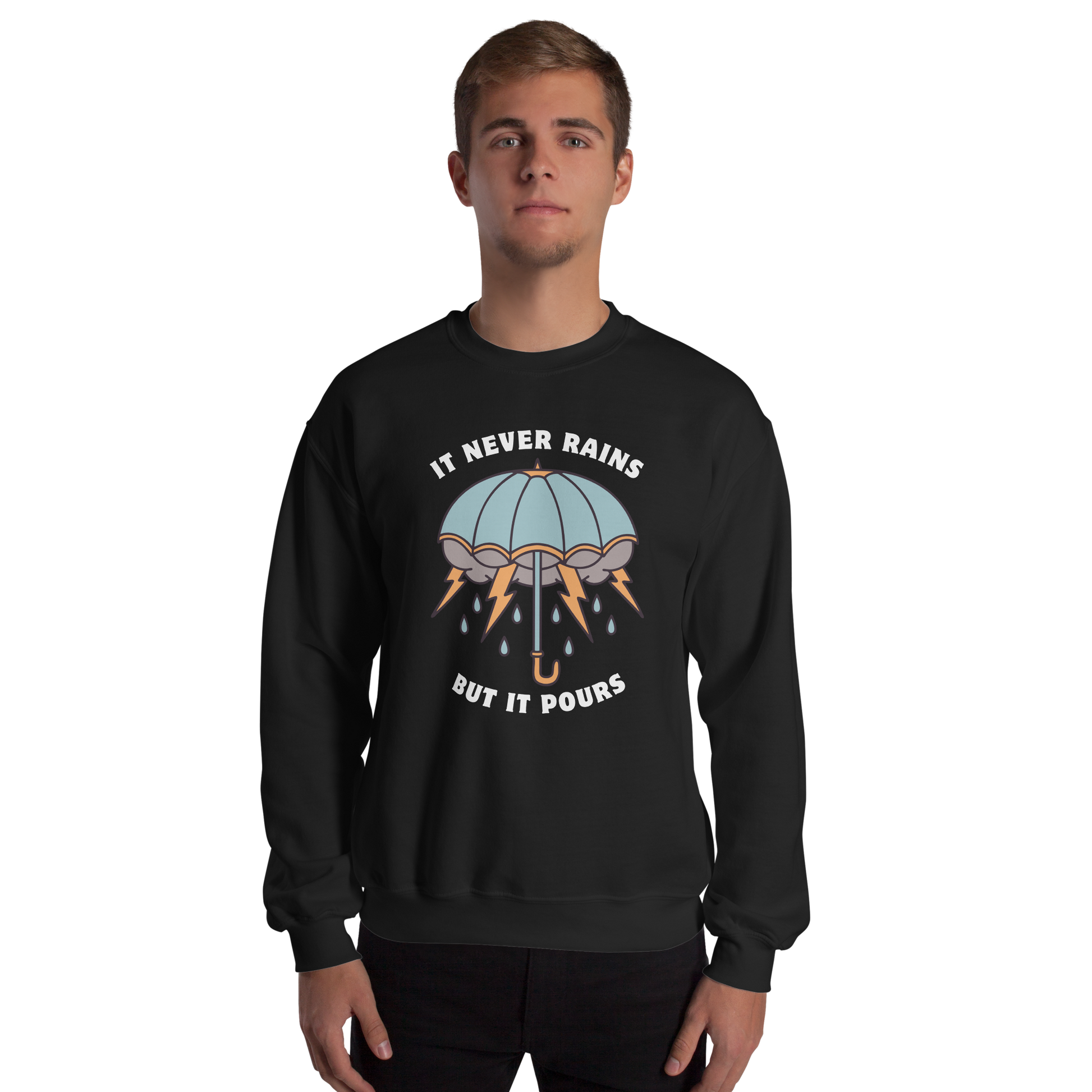 Man wearing a Black Umbrella Sweatshirt featuring a unique It Never Rains But It Pours graphic on the chest - Cool Tattoo-Inspired Graphic Umbrella Sweatshirts - Boozy Fox