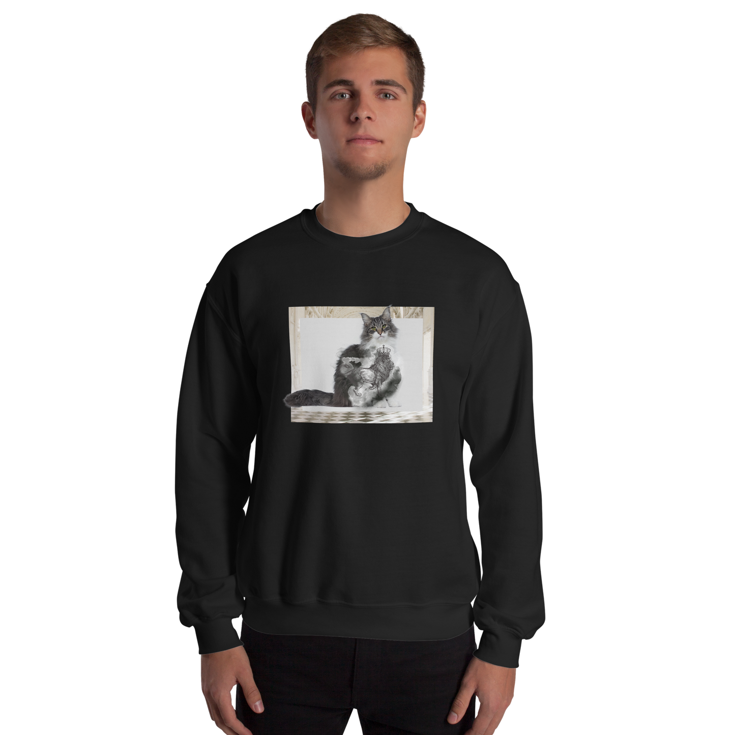 Man wearing a Black Royal Cat Sweatshirt featuring a Majestic Cat graphic on the chest - Cute Graphic Cat Sweatshirts - Boozy Fox