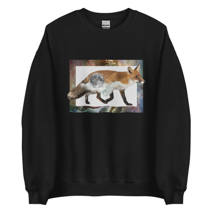 Black Fox Sweatshirt featuring an eye-catching Space Fox graphic on the chest - Cool Graphic Fox Sweatshirts - Boozy Fox