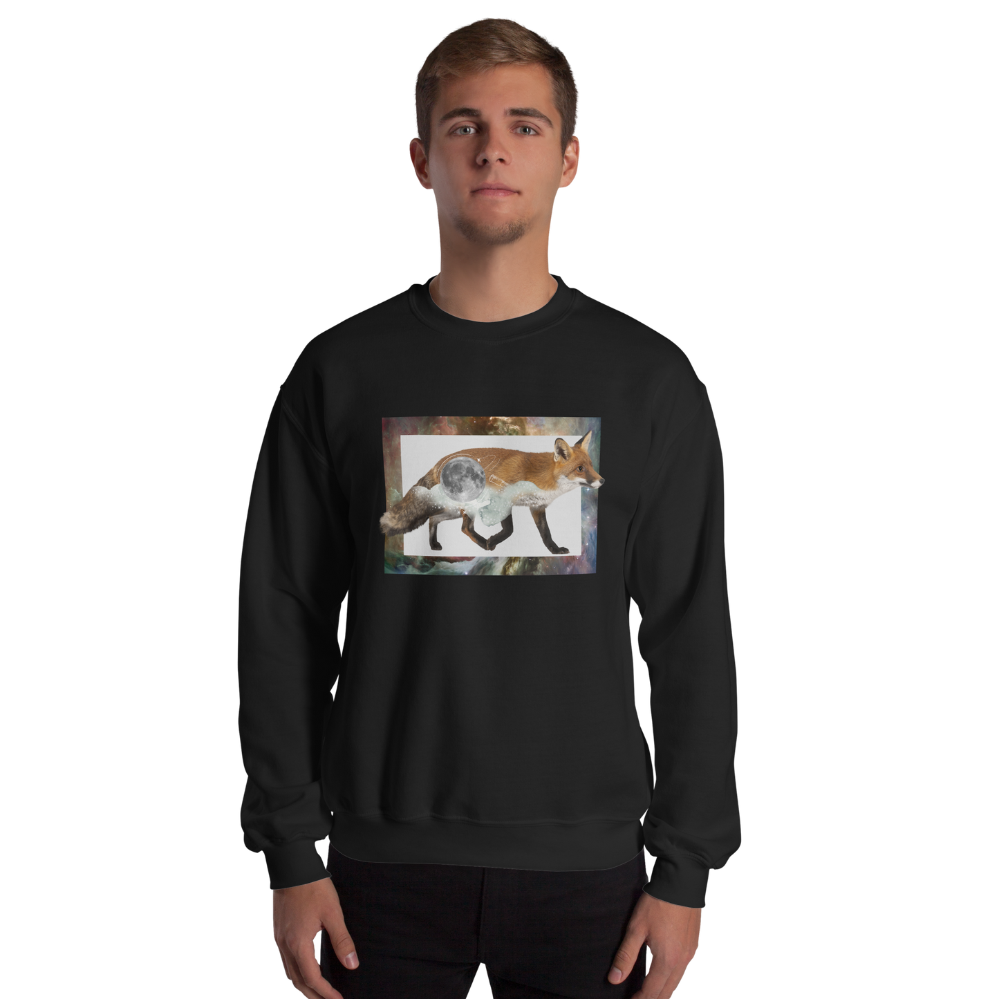 Man wearing a Black Fox Sweatshirt featuring an eye-catching Space Fox graphic on the chest - Cool Graphic Fox Sweatshirts - Boozy Fox