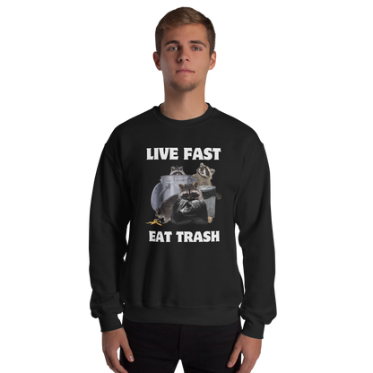 Man wearing a Black Live Fast Eat Trash Raccoon Sweatshirt - Boozy Fox