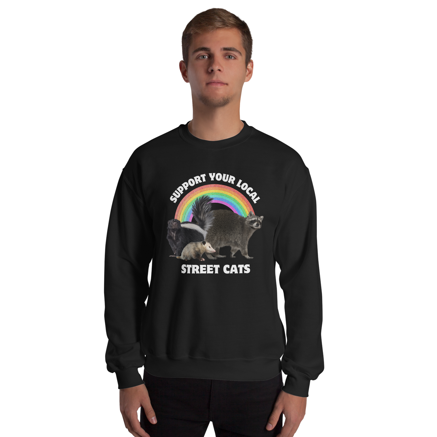 Man wearing a Black Support Your Local Street Cats Sweatshirt - Boozy Fox