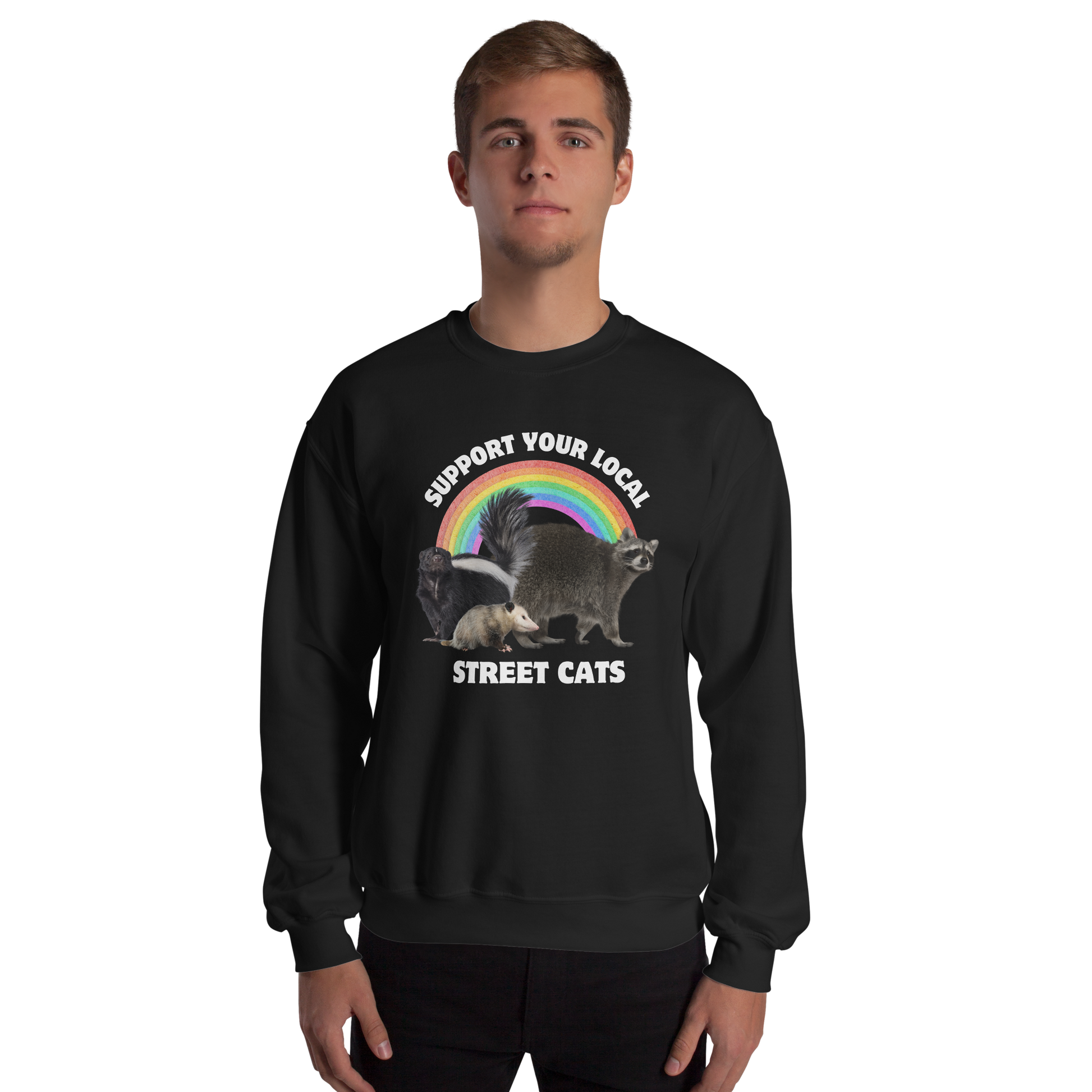 Man wearing a Black Support Your Local Street Cats Sweatshirt - Boozy Fox