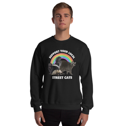 Man wearing a Black Support Your Local Street Cats Sweatshirt - Boozy Fox