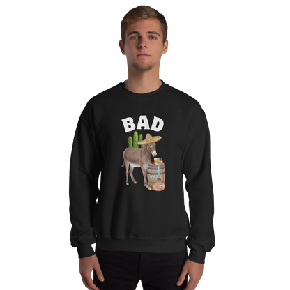 man wearing a Black Donkey Sweatshirt featuring a Funny Bad Ass Donkey graphic on the chest - Funny Graphic Bad Ass Donkey Sweatshirts - Boozy Fox