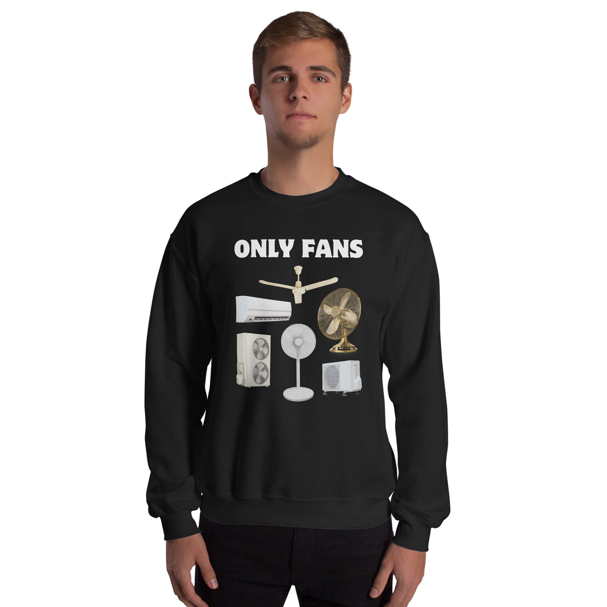Man wearing a Black Only Fans Sweatshirt featuring a fun Fans graphic on the chest - Best Graphic Sweatshirts - Boozy Fox