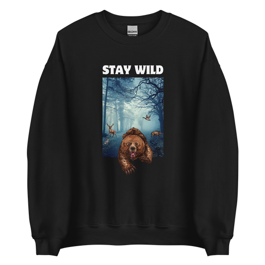 Black Bear Sweatshirt featuring a Stay Wild graphic on the chest - Cool Graphic Bear Sweatshirts - Boozy Fox