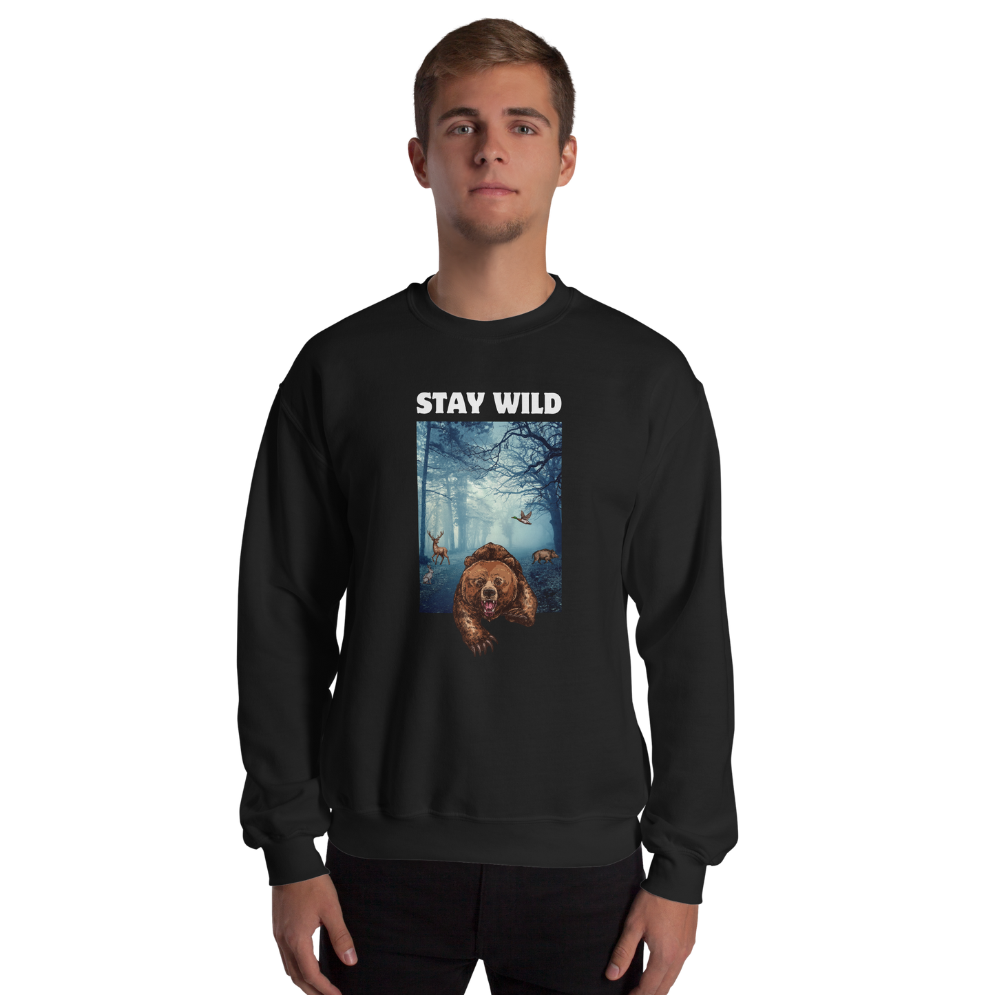 Man wearing a Black Stay Wild Sweatshirt - Boozy Fox