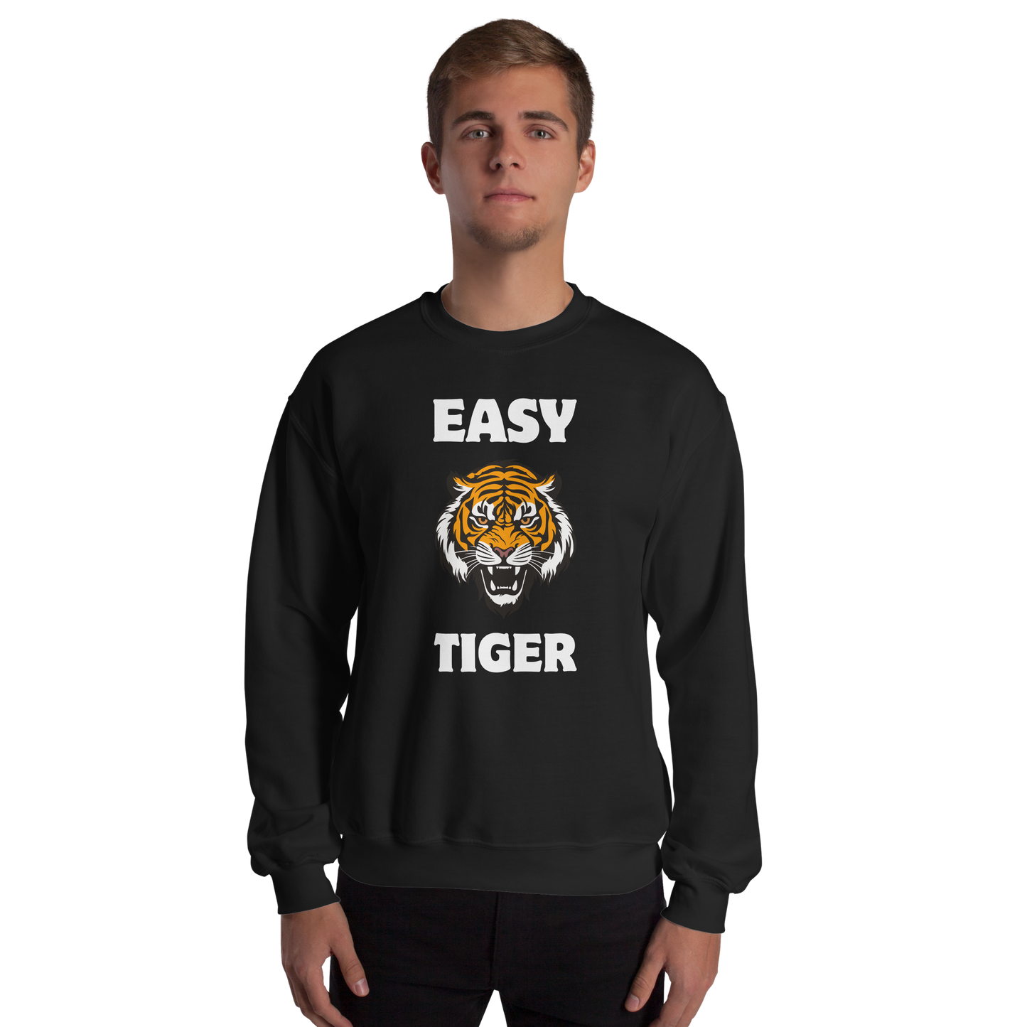 Man wearing a Black Tiger Sweatshirt featuring a Easy Tiger graphic on the chest - Funny Graphic Tiger Sweatshirts - Boozy Fox