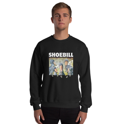 Man wearing a Black Shoebill Sweatshirt featuring a cool Shoebill graphic on the chest - Artsy/Funny Graphic Shoebill Stork Sweatshirts - Boozy Fox