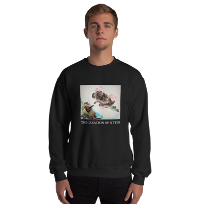 Man wearing a Black Otter Sweatshirt featuring a playful The Creation of Otter parody of Michelangelo's masterpiece - Artsy/Funny Graphic Otter Sweatshirts - Boozy Fox
