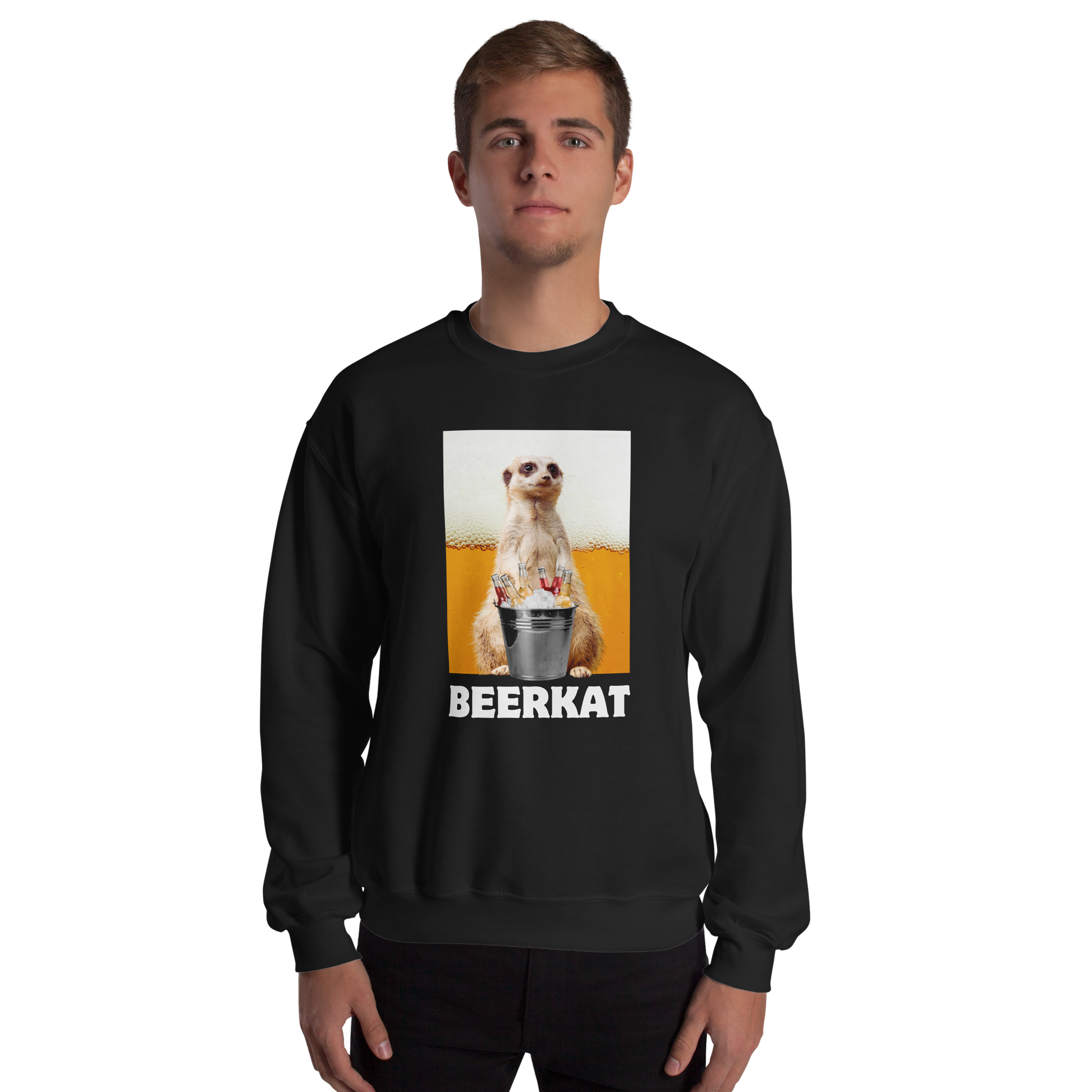 Man wearing a black Meerkat Sweatshirt - Boozy Fox