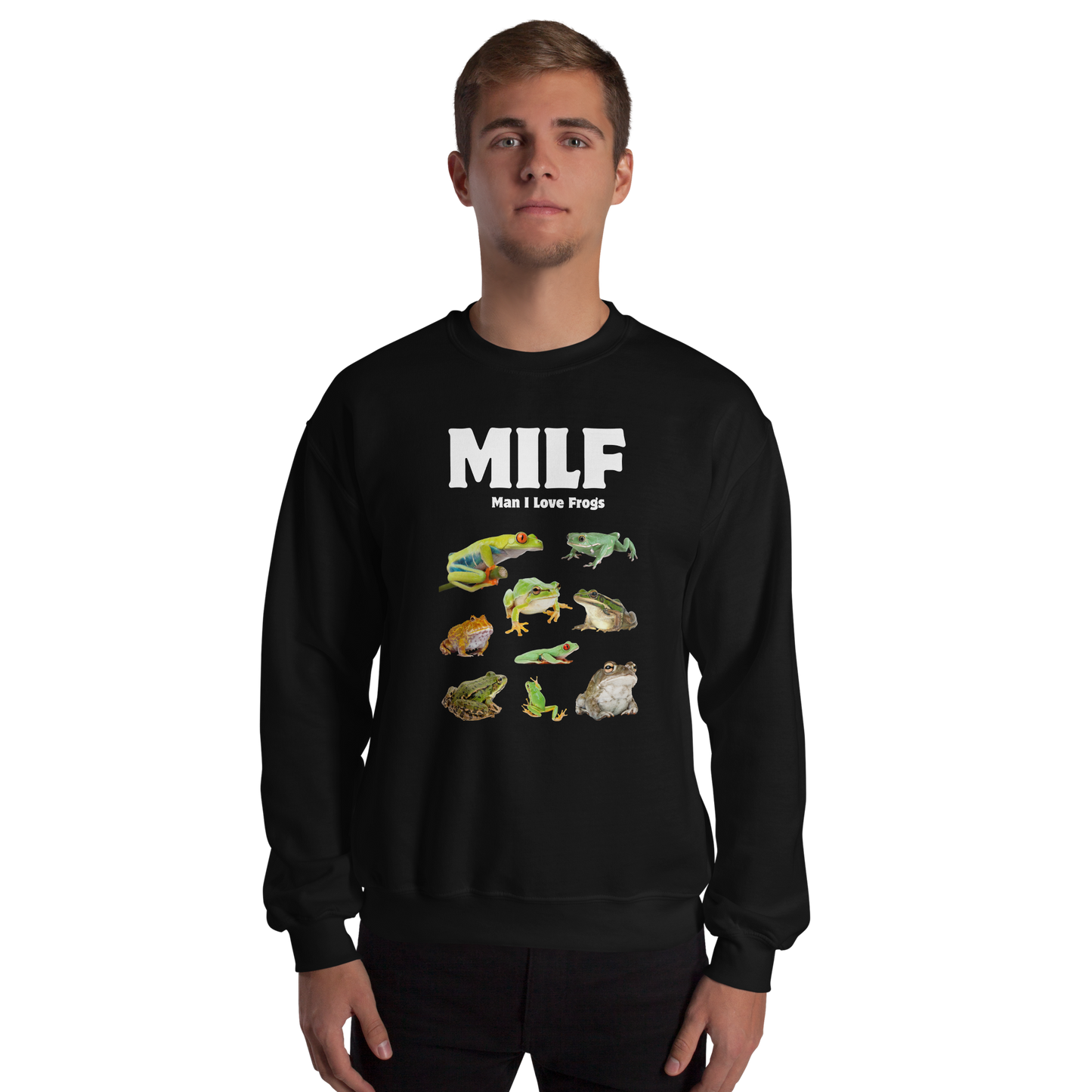 Man wearing a black Man I Love Frogs Sweatshirt - Boozy Fox