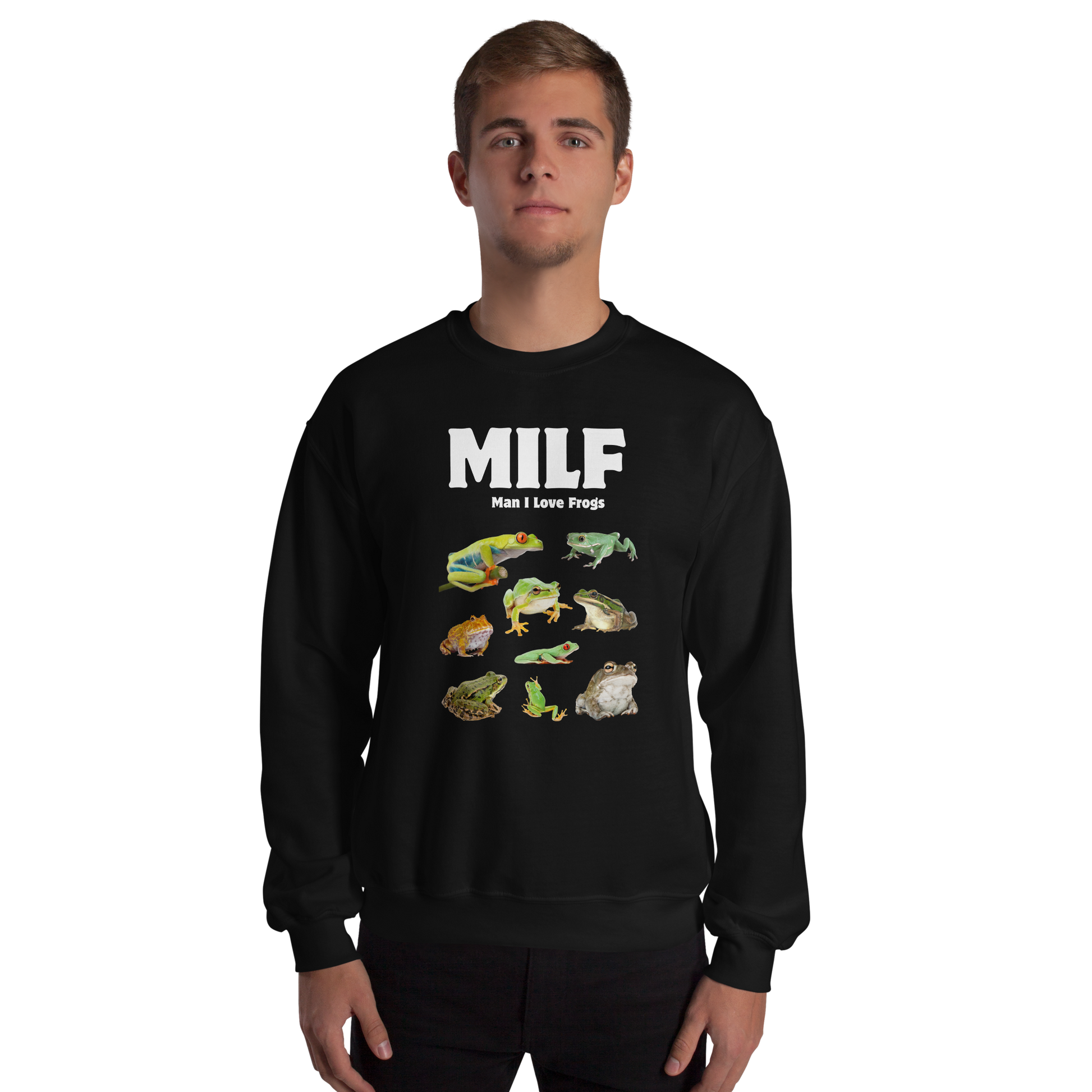 Man wearing a black Man I Love Frogs Sweatshirt - Boozy Fox