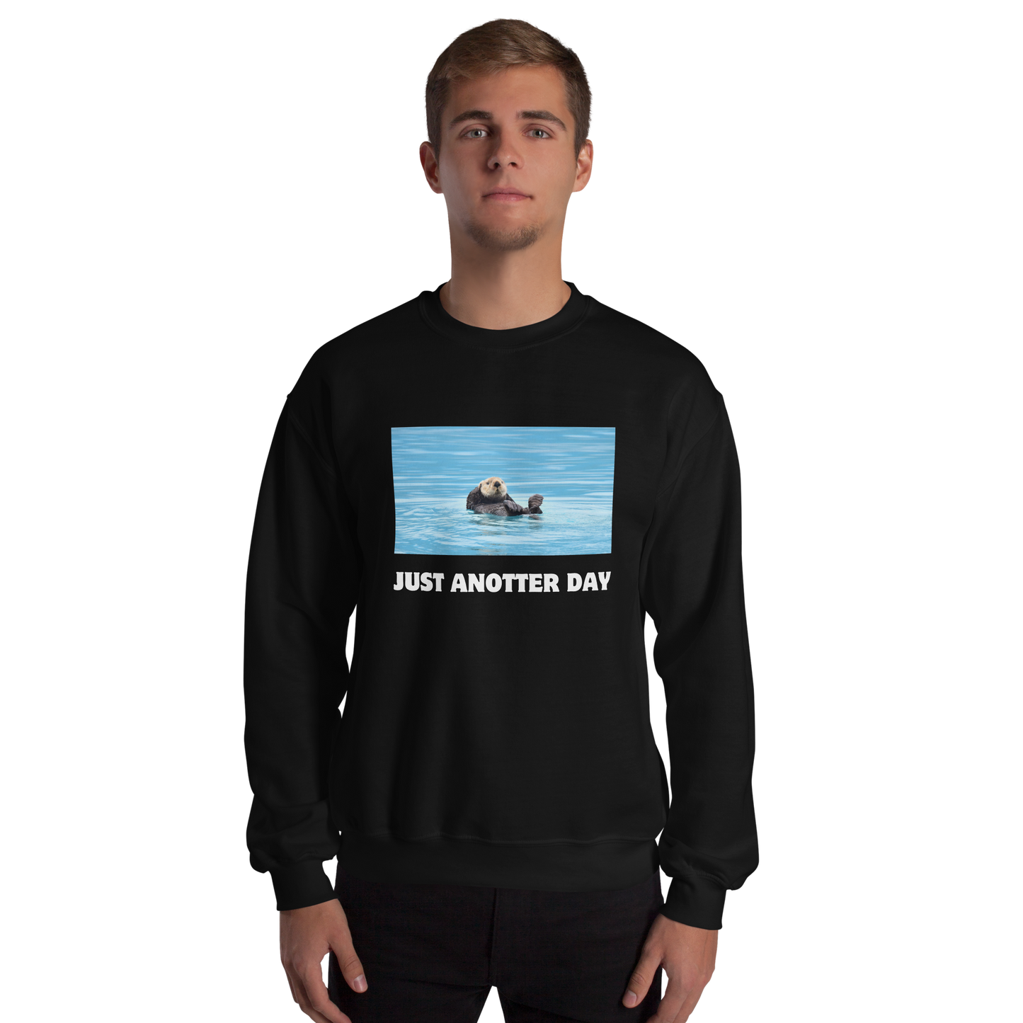 Man wearing a black Just Anotter Day Otter Sweatshirt - Boozy Fox