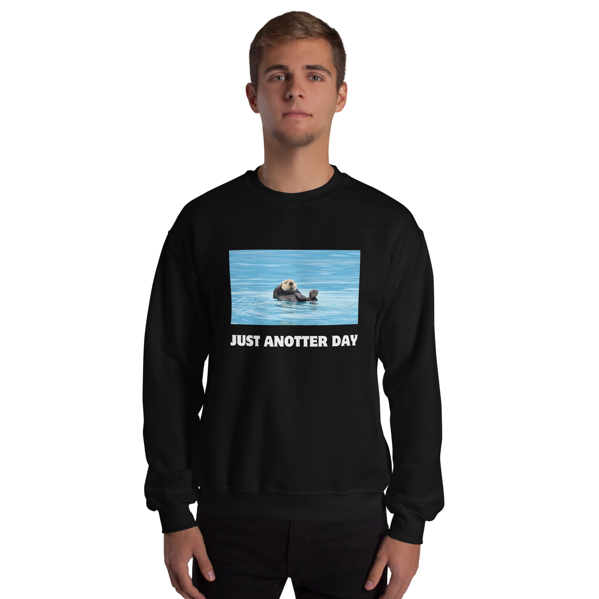 Man wearing a black Just Anotter Day Otter Sweatshirt - Boozy Fox