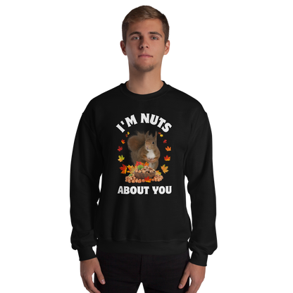 Man wearing a black I'm Nuts About You Squirrel Sweatshirt - Boozy Fox