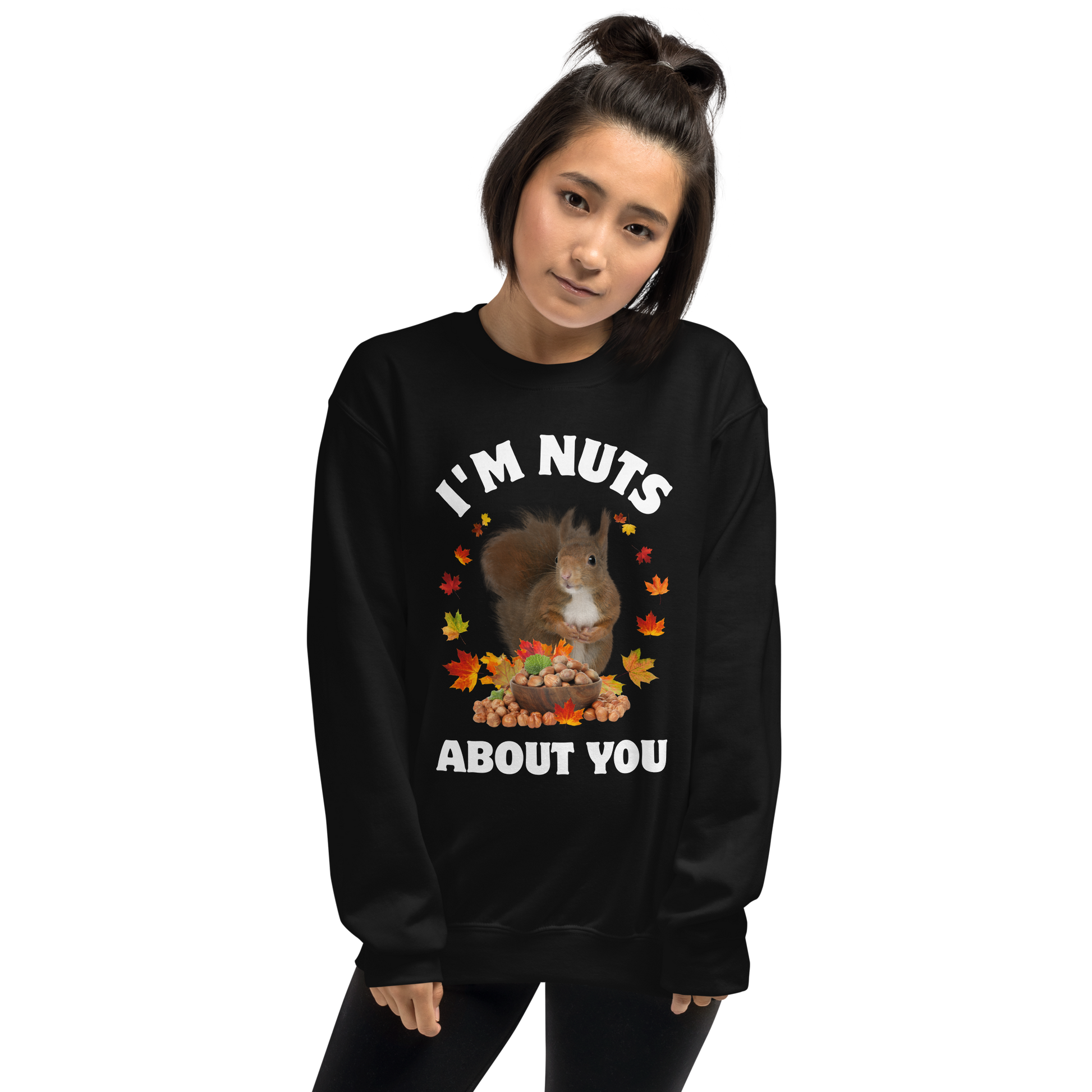 Woman wearing a black I'm Nuts About You Squirrel Sweatshirt - Boozy Fox