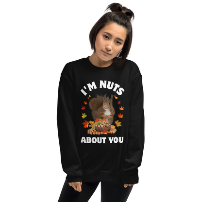Woman wearing a black I'm Nuts About You Squirrel Sweatshirt - Boozy Fox
