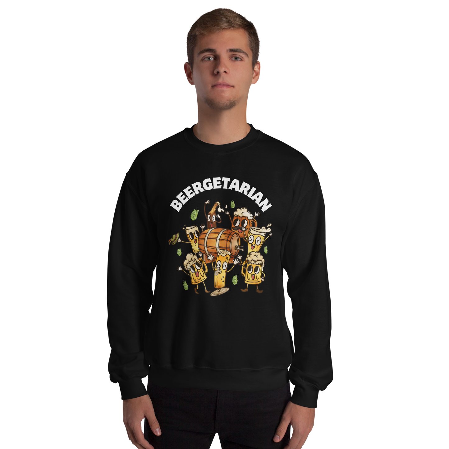 Man wearing a black Beergetarian Beer Sweatshirt - Boozy Fox