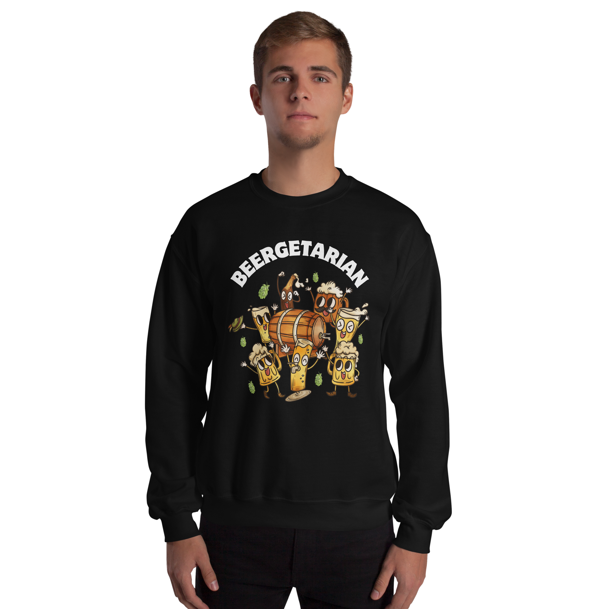 Man wearing a black Beergetarian Beer Sweatshirt - Boozy Fox