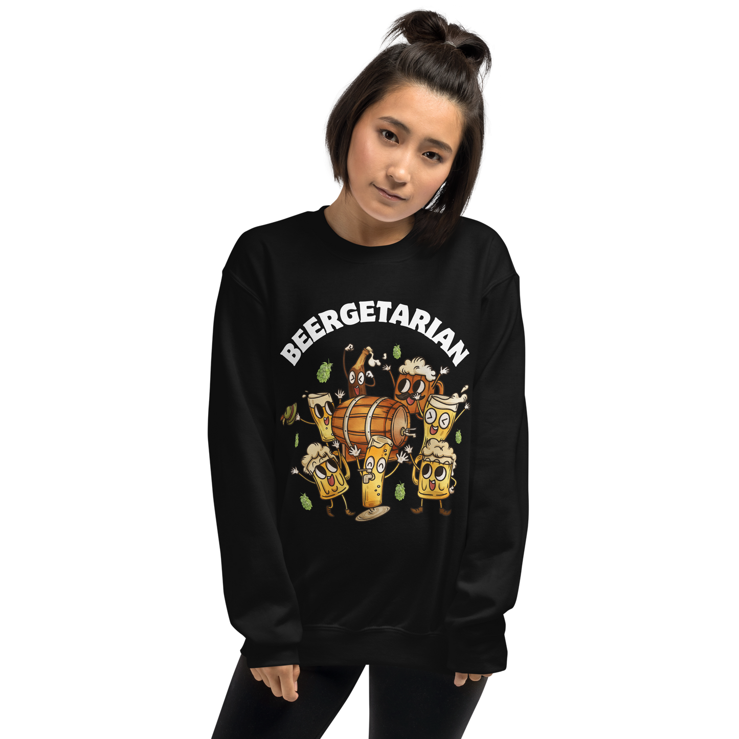 Woman wearing a black Beergetarian Beer Sweatshirt - Boozy Fox