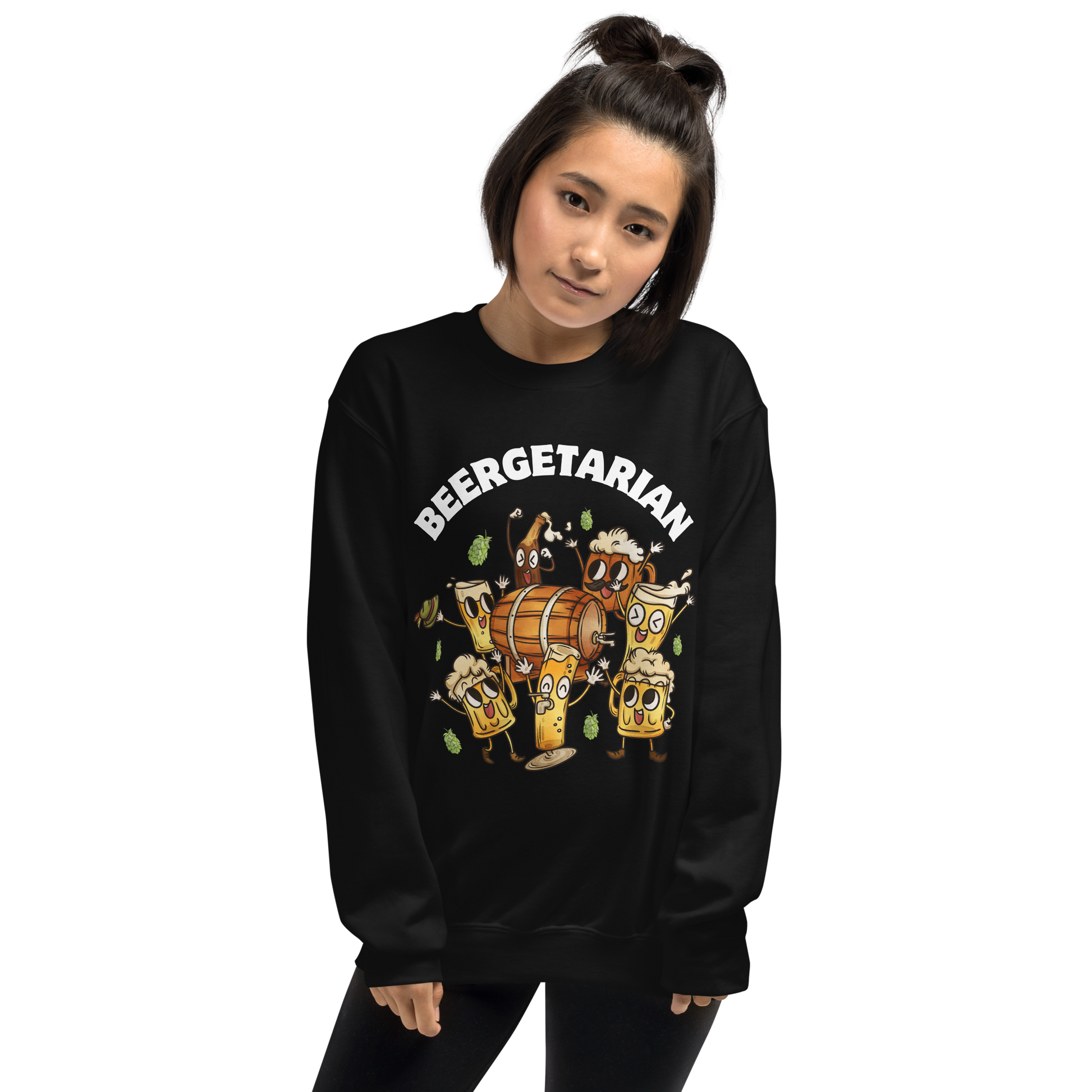 Woman wearing a black Beergetarian Beer Sweatshirt - Boozy Fox
