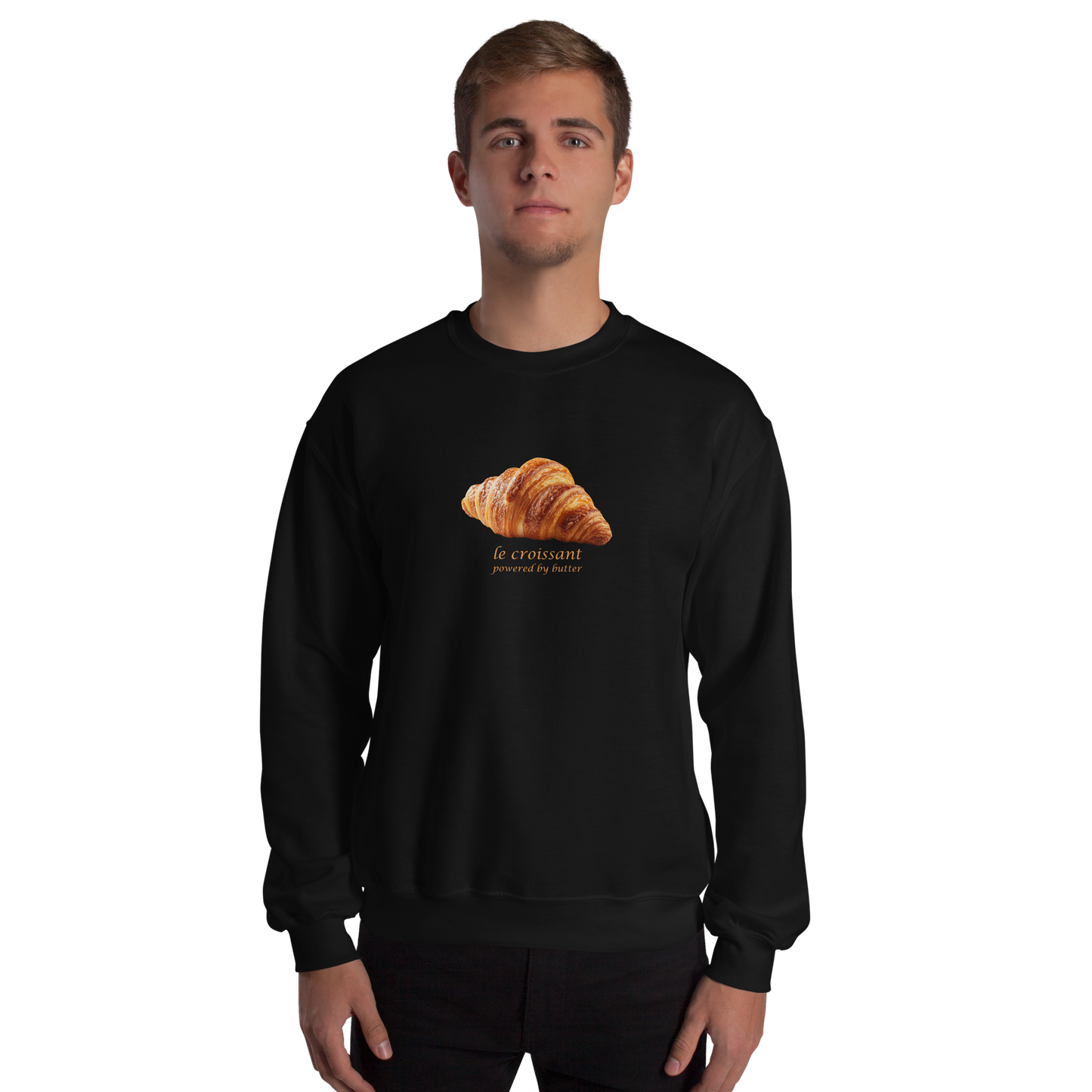 Man wearing a Funny Le Croissant graphic sweatshirt in black by Boozy Fox
