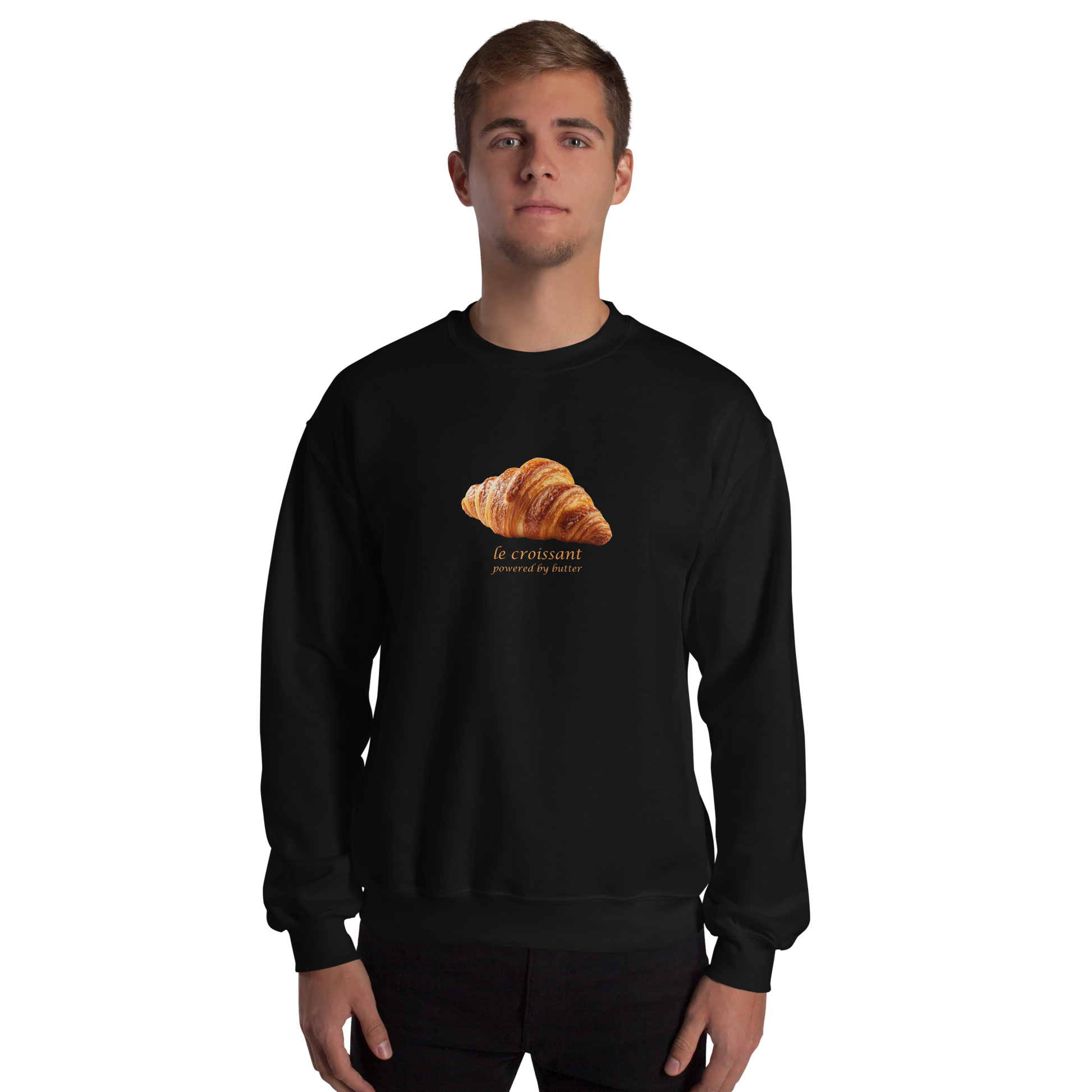 Man wearing a Funny Le Croissant graphic sweatshirt in black by Boozy Fox