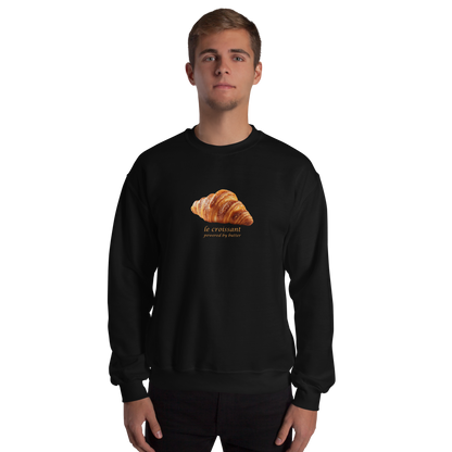 Man wearing a Funny Le Croissant graphic sweatshirt in black by Boozy Fox