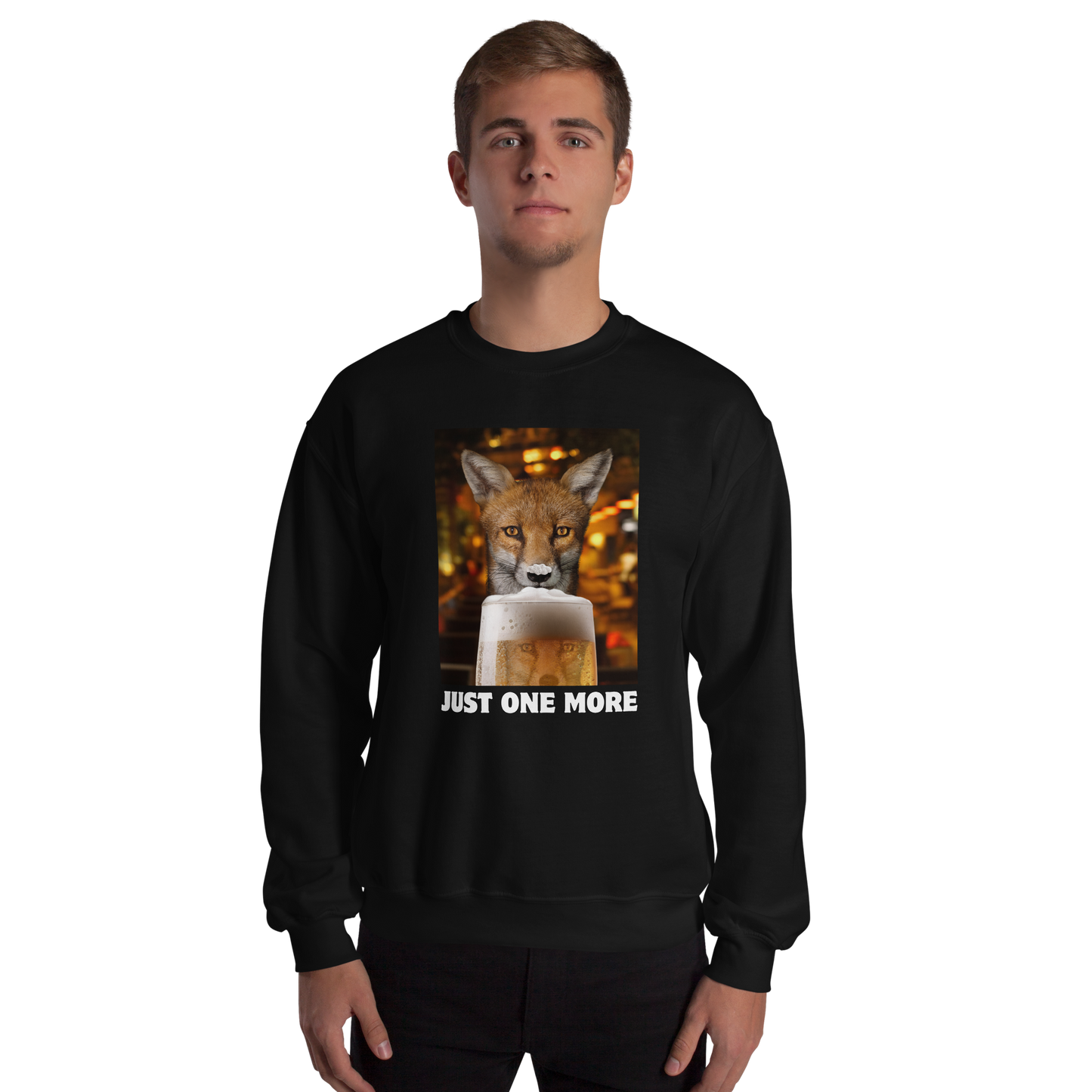 Man wearing a Funny Just One More Fox graphic sweatshirt in black by Boozy Fox