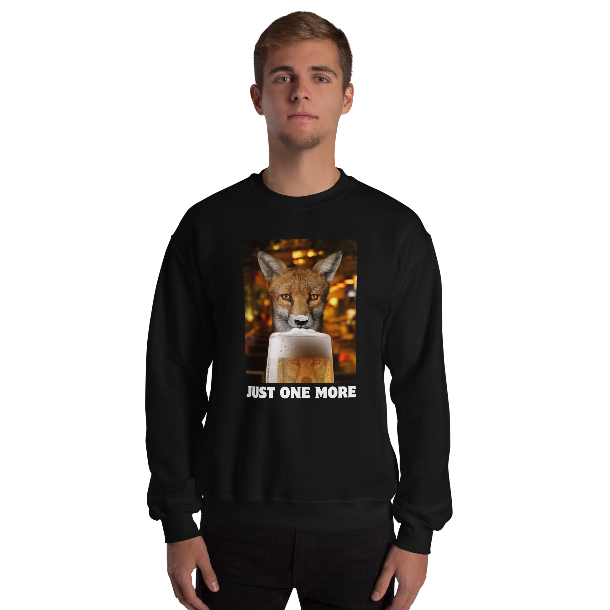 Man wearing a Funny Just One More Fox graphic sweatshirt in black by Boozy Fox