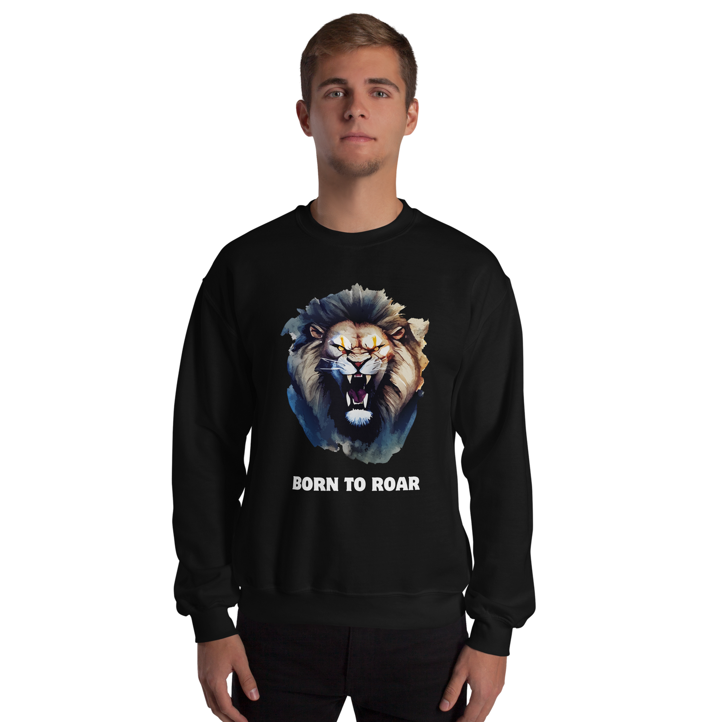 Man wearing a Funny Born to Roar Lion graphic sweatshirt in black by Boozy Fox