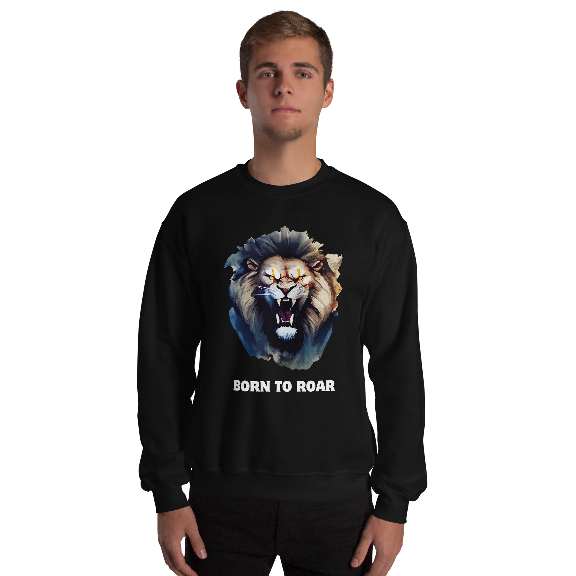 Man wearing a Funny Born to Roar Lion graphic sweatshirt in black by Boozy Fox