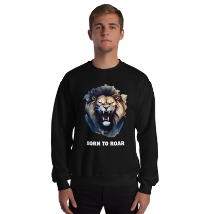 Man wearing a Funny Born to Roar Lion graphic sweatshirt in black by Boozy Fox