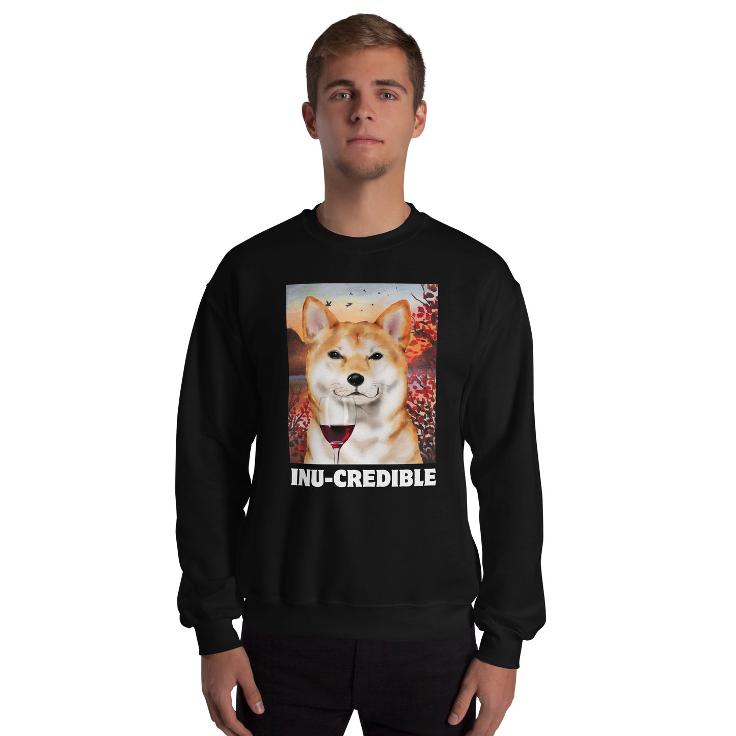 Man wearing a Funny Shiba Inu graphic sweatshirt in black by Boozy Fox