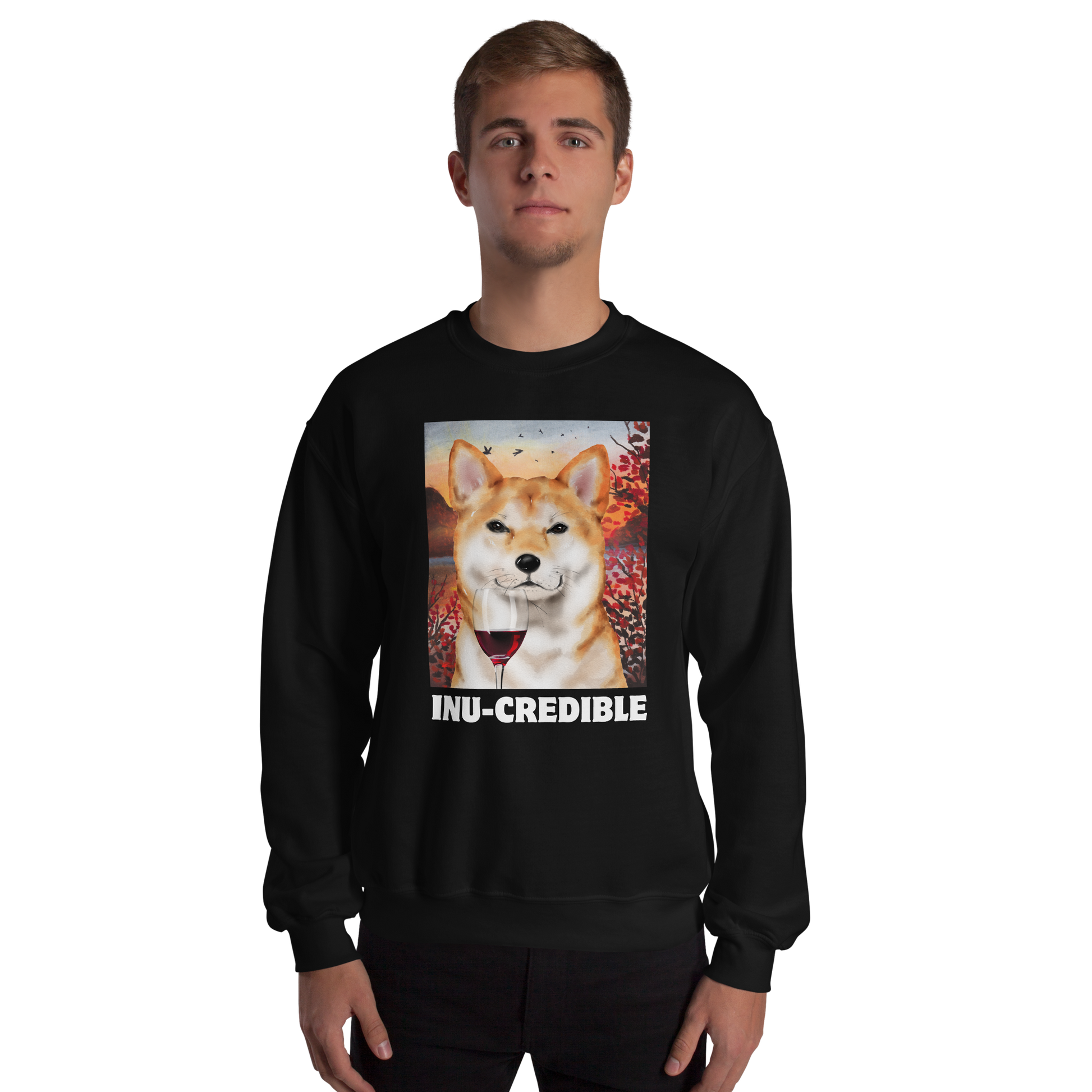 Man wearing a Funny Shiba Inu graphic sweatshirt in black by Boozy Fox
