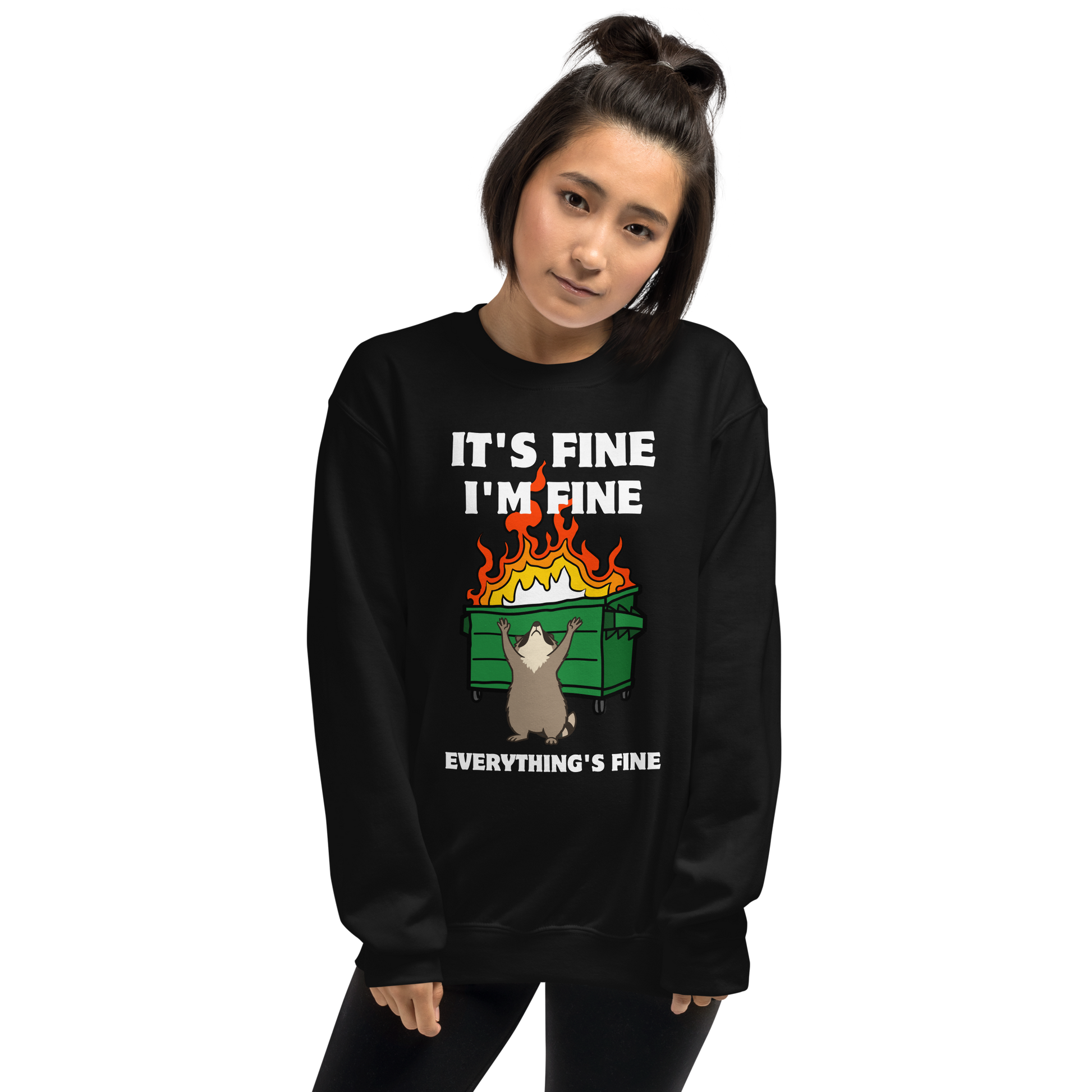 Woman wearing a Funny Dumpster Fire Raccoon graphic sweatshirt in black by Boozy Fox