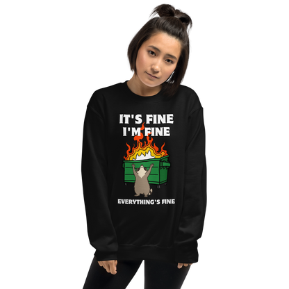 Woman wearing a Funny Dumpster Fire Raccoon graphic sweatshirt in black by Boozy Fox