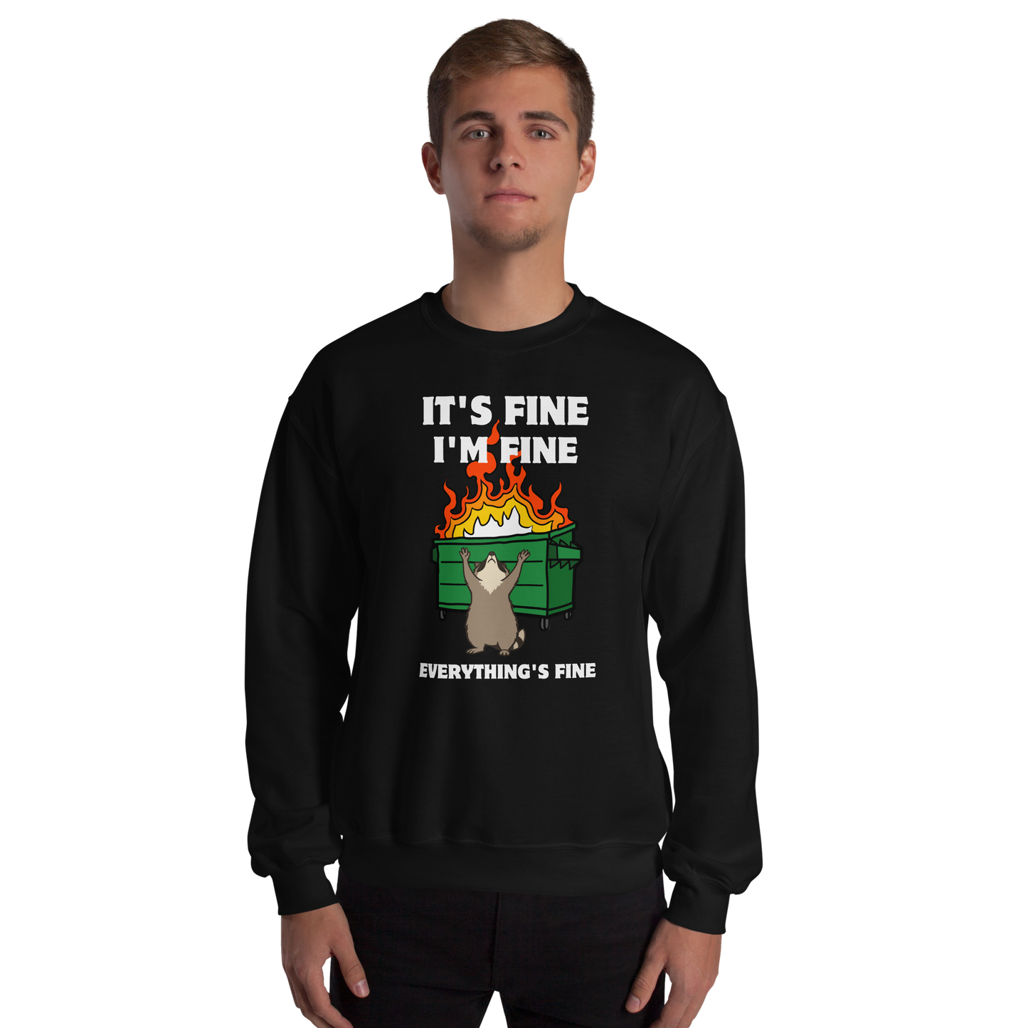 Man wearing a Funny Dumpster Fire Raccoon graphic sweatshirt in black by Boozy Fox