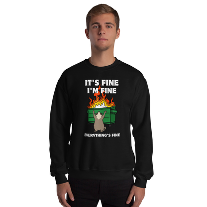 Man wearing a Funny Dumpster Fire Raccoon graphic sweatshirt in black by Boozy Fox